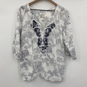 Malvin Hamburg Top size L‎ 10 Linen Paisley Floral Embroidered Tunic White Blue